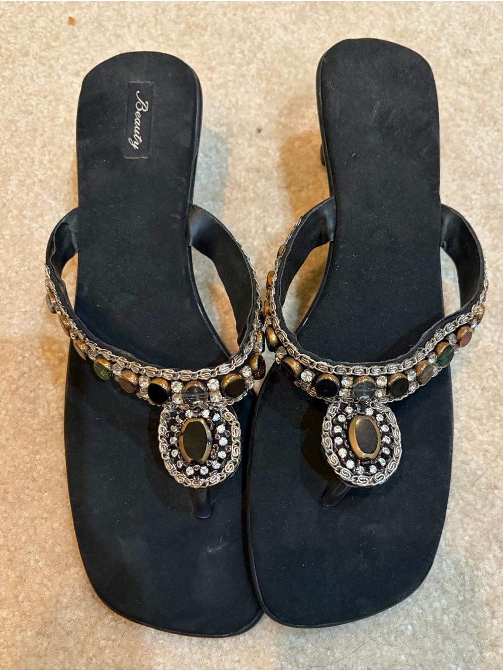 Black Jeweled Thong Sandals for Women